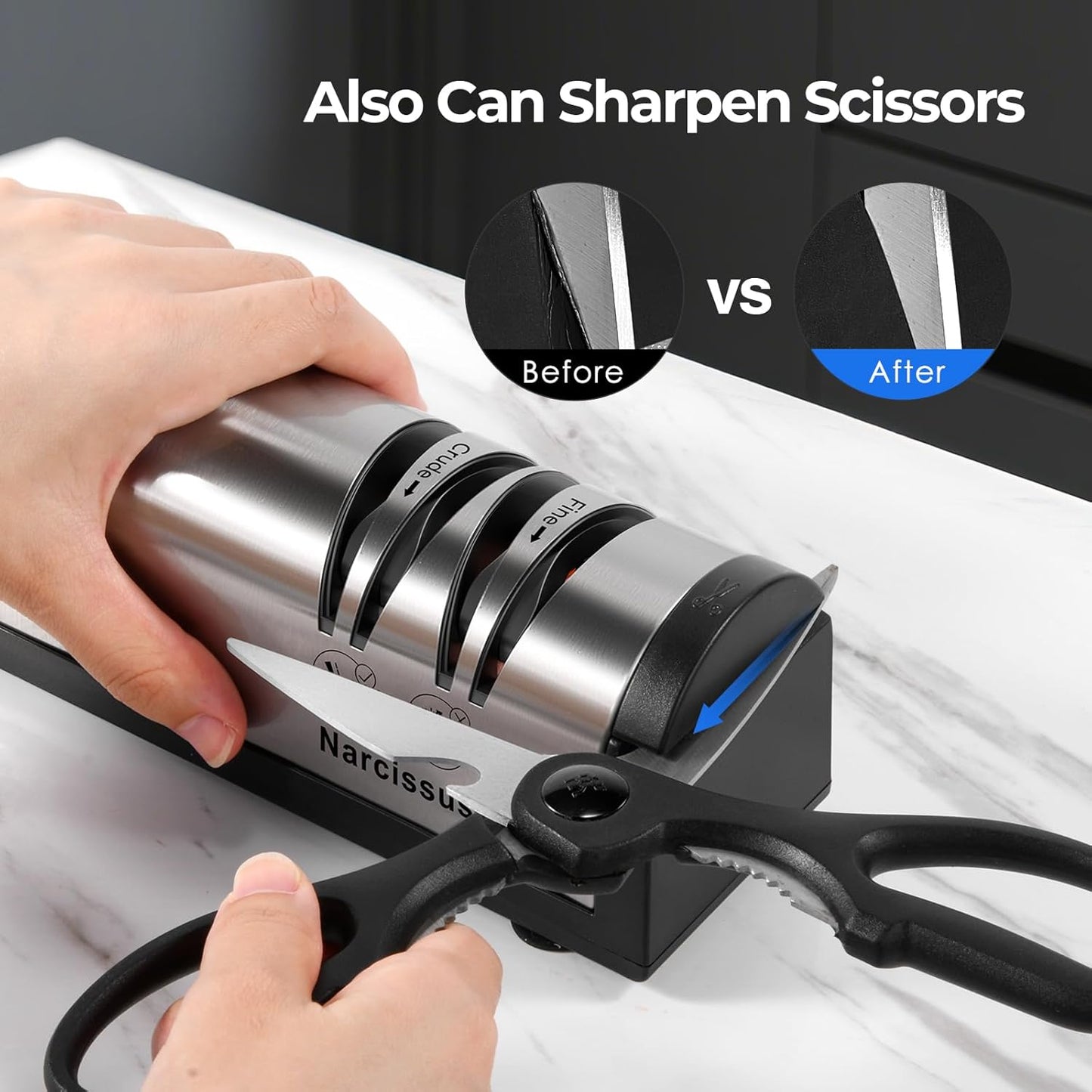 Knife Sharpener, Professional 2 Stage Electric Knife Sharpener for Quick Sharpening & Polishing, with Scissors Sharpener and Metal Dust Collection Box, Stainless Steel, Silver