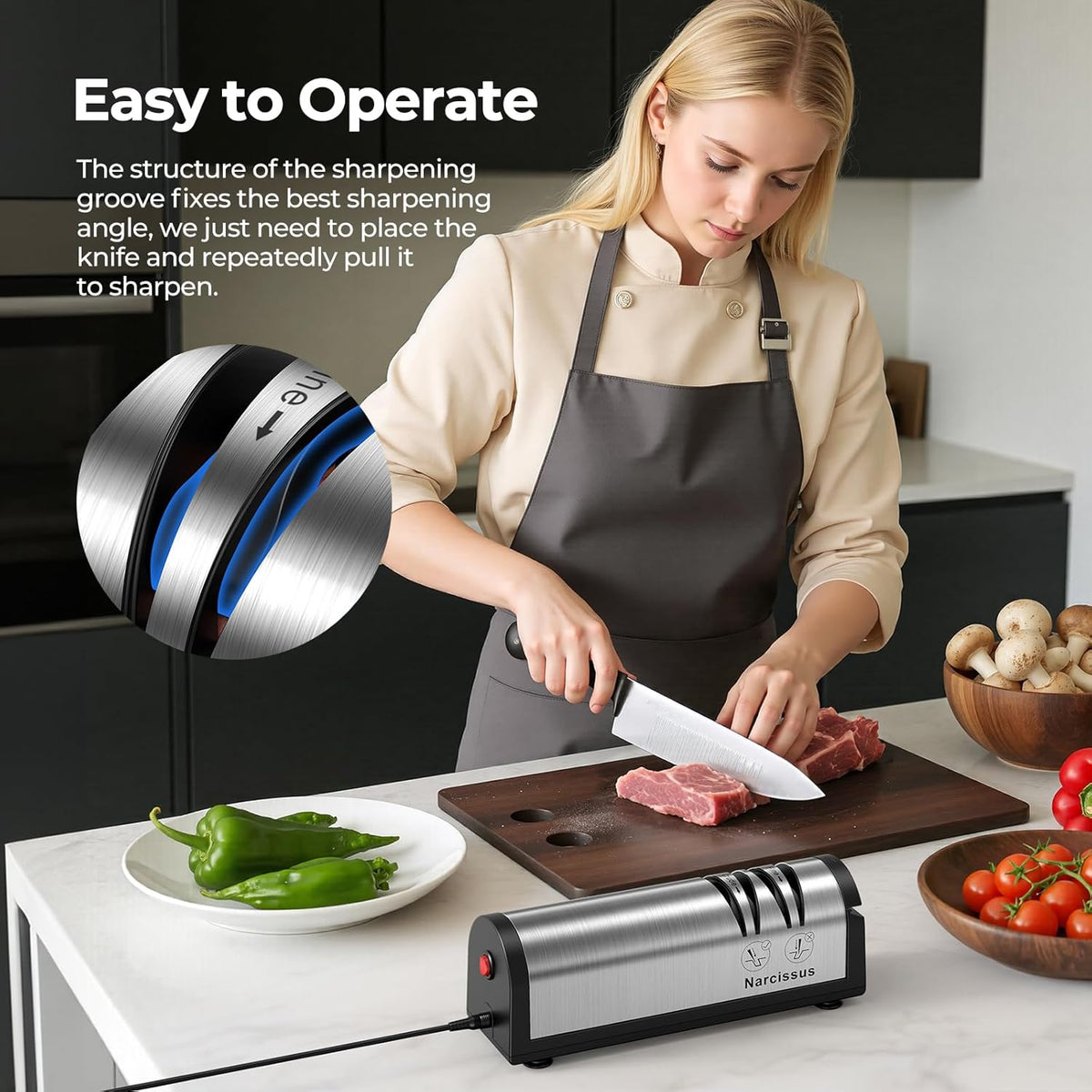 Knife Sharpener, Professional 2 Stage Electric Knife Sharpener for Quick Sharpening & Polishing, with Scissors Sharpener and Metal Dust Collection Box, Stainless Steel, Silver