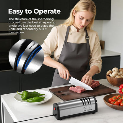 Knife Sharpener, Professional 2 Stage Electric Knife Sharpener for Quick Sharpening & Polishing, with Scissors Sharpener and Metal Dust Collection Box, Stainless Steel, Silver