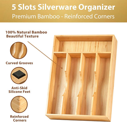 Bamboo Kitchen Drawer Organizer, 9 Inch Silverware Utensils Tray Holder for Small Drawer, Wood Caddy for Flatware Cutlery Knives