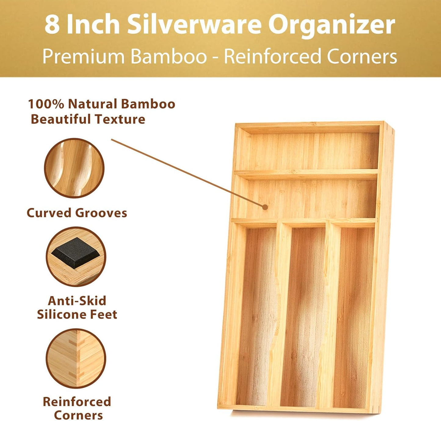 Bamboo Kitchen Drawer Organizer, 9 Inch Silverware Utensils Tray Holder for Small Drawer, Wood Caddy for Flatware Cutlery Knives