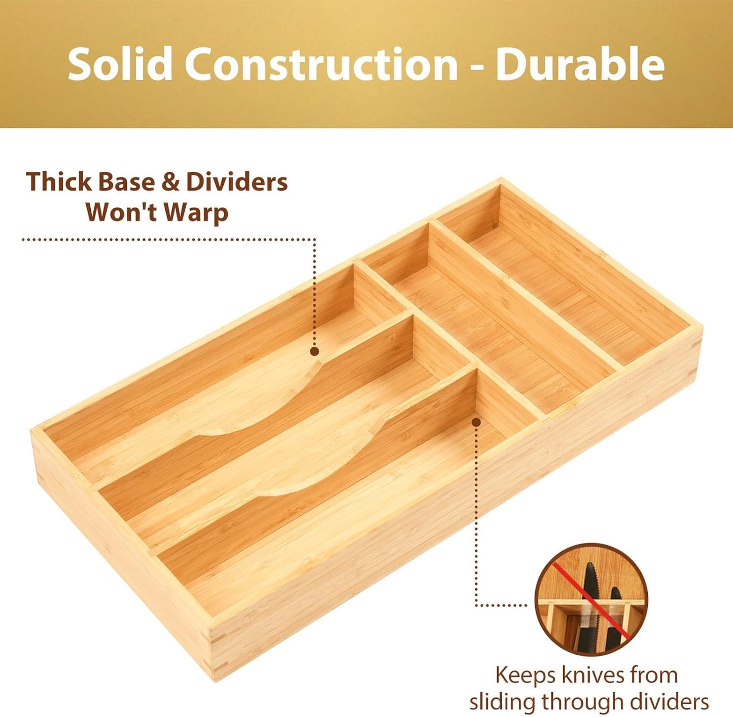 Bamboo Kitchen Drawer Organizer, 9 Inch Silverware Utensils Tray Holder for Small Drawer, Wood Caddy for Flatware Cutlery Knives