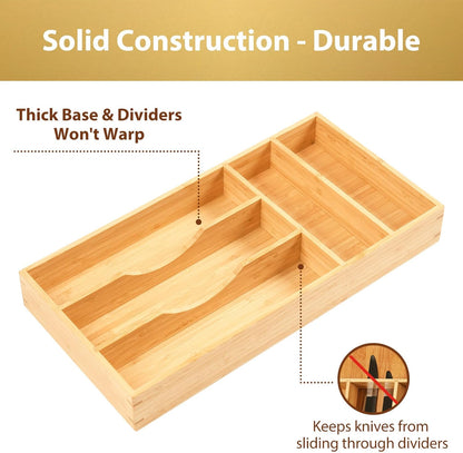 Bamboo Kitchen Drawer Organizer, 9 Inch Silverware Utensils Tray Holder for Small Drawer, Wood Caddy for Flatware Cutlery Knives