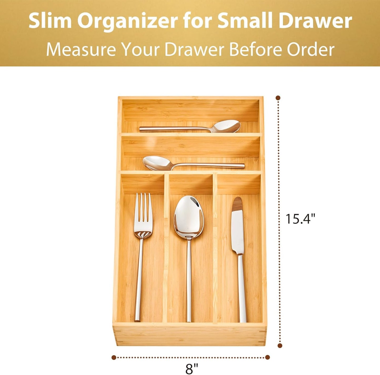 Bamboo Kitchen Drawer Organizer, 9 Inch Silverware Utensils Tray Holder for Small Drawer, Wood Caddy for Flatware Cutlery Knives