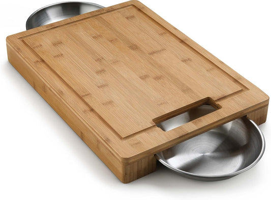 PRO Bamboo Cutting Board with Stainless Steel Bowls 70012 Naturally Cutting Board with Two Stainless Steel Bowls, Chopping and Carving Meat