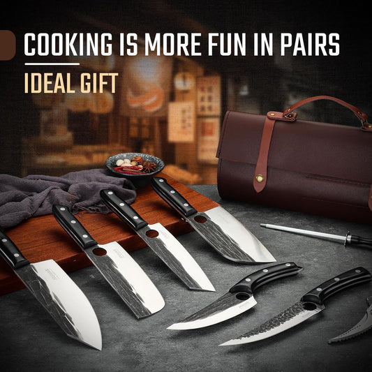 Huusk Knives Set, Serbian Chef Knife Set with Bag - Japanese Kitchen Knives | Hand Forged High Carbon Steel, Full Tang Knives Ebony Handle, Gift Box
