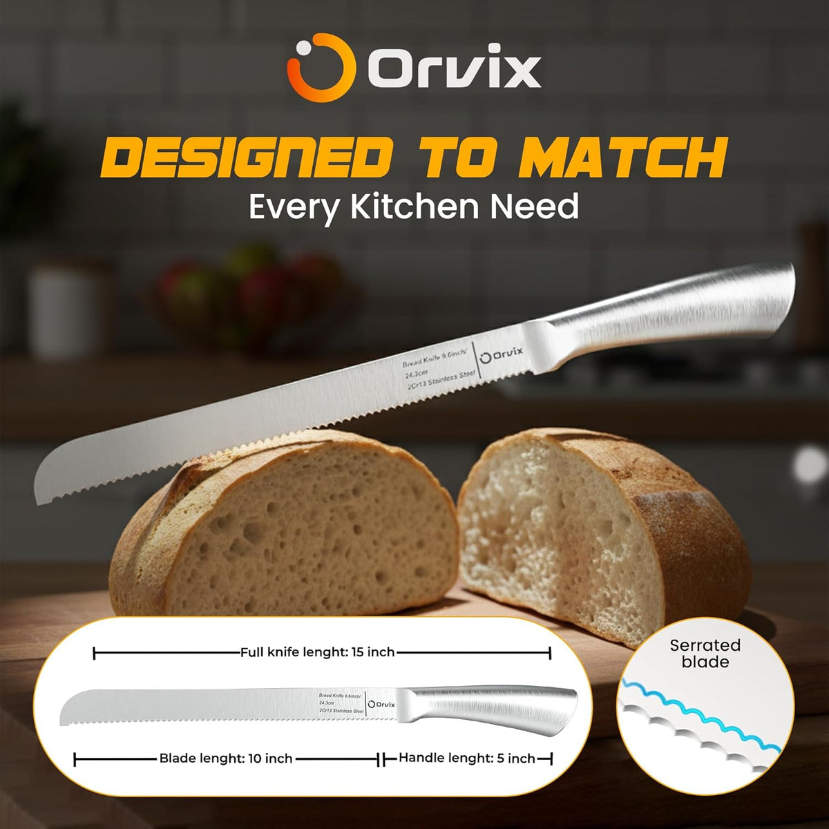 Serrated Bread Knife,9.6 Inch Razor Sharp Stainless Steel Blade with 5-Inch Handle, Best Bread Cutter for Slicing Sourdough, Bagels, Cakes & Homemade Artisan Bread