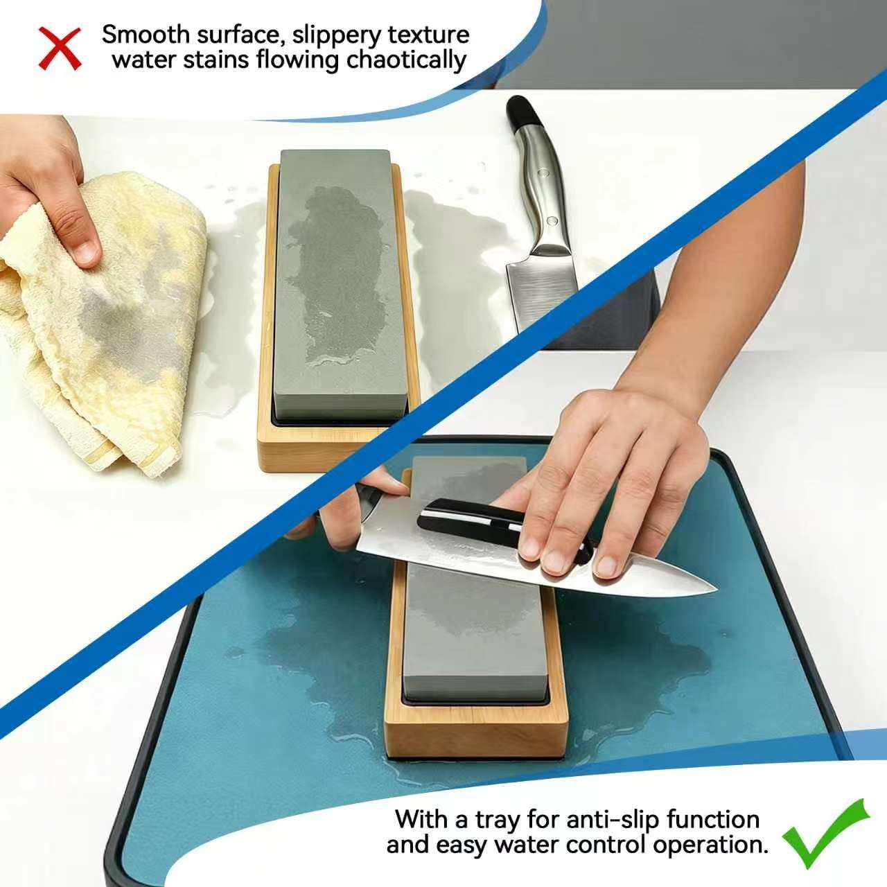 No-Mess Knife Sharpening Kit - Leak-Proof Silicone Tray & Absorbent Diatomite Mat with 15 Angled Whetstone Holder & Angle Guide | All-in-One Sharpening System