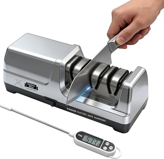 KITCHEN BLISS Electric Knife Sharpener, 3 Stages, 20° Angle with Dust Tray | 3-Stage electric knife sharpener, fast blade restores, sharpens and polishes with 20° angle system, metal dust collection box