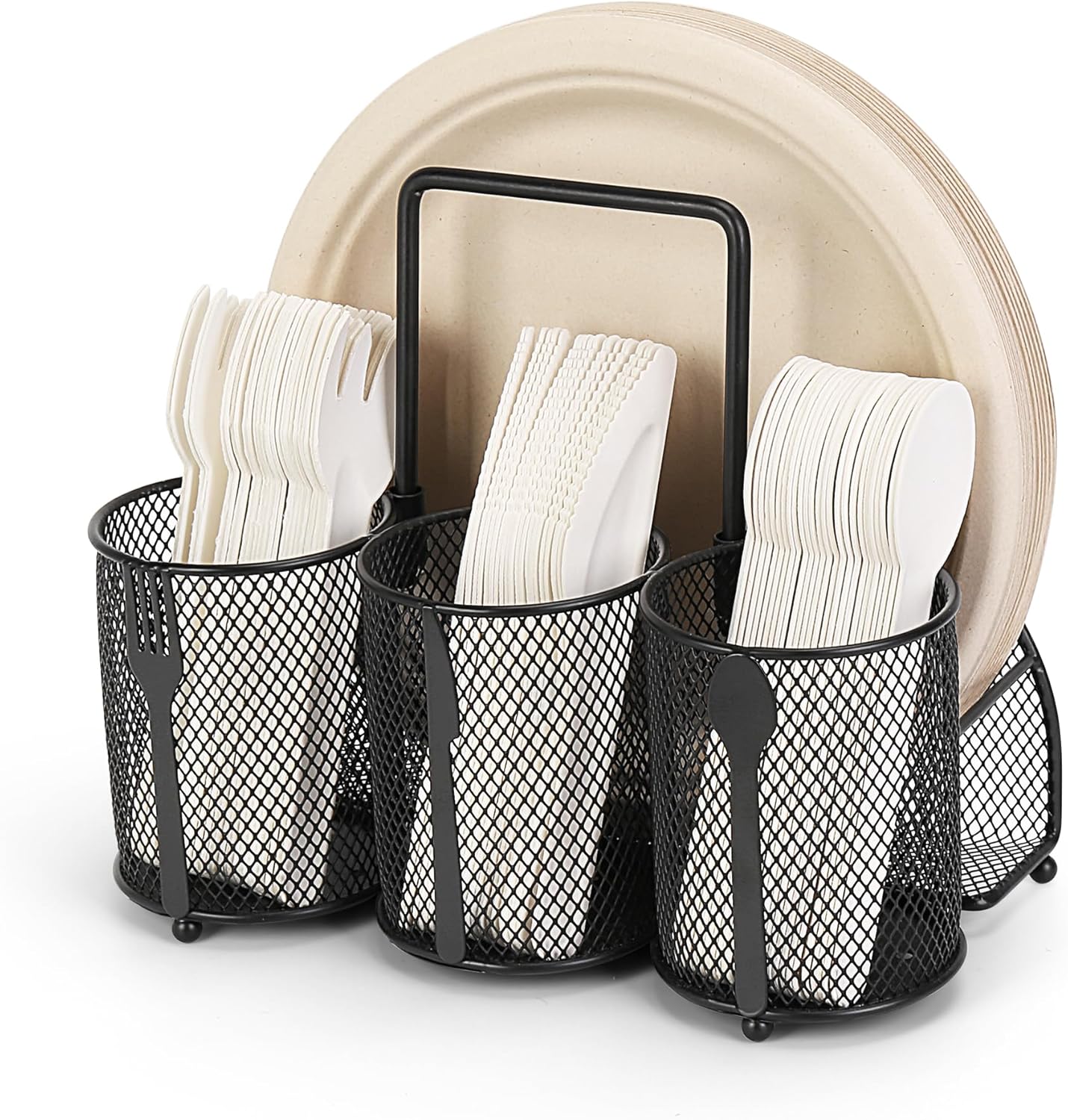 Paper Plate and Silverware Holder Caddy, 4 Compartments Metal Utensil Cutlery Caddy for Party, Spoon, Fork and Paper Plate Organizer with Handle for Countertop,Buffet, Picnic, Camping, Outdoor, BBQ