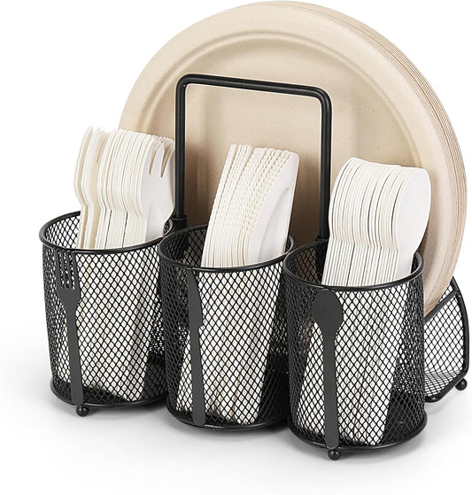Paper Plate and Silverware Holder Caddy, 4 Compartments Metal Utensil Cutlery Caddy for Party, Spoon, Fork and Paper Plate Organizer with Handle for Countertop,Buffet, Picnic, Camping, Outdoor, BBQ