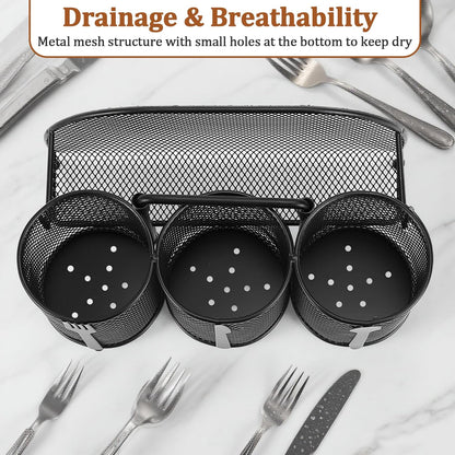 Paper Plate and Silverware Holder Caddy, 4 Compartments Metal Utensil Cutlery Caddy for Party, Spoon, Fork and Paper Plate Organizer with Handle for Countertop,Buffet, Picnic, Camping, Outdoor, BBQ