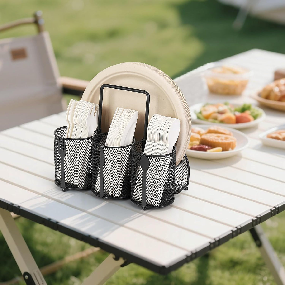 Paper Plate and Silverware Holder Caddy, 4 Compartments Metal Utensil Cutlery Caddy for Party, Spoon, Fork and Paper Plate Organizer with Handle for Countertop,Buffet, Picnic, Camping, Outdoor, BBQ