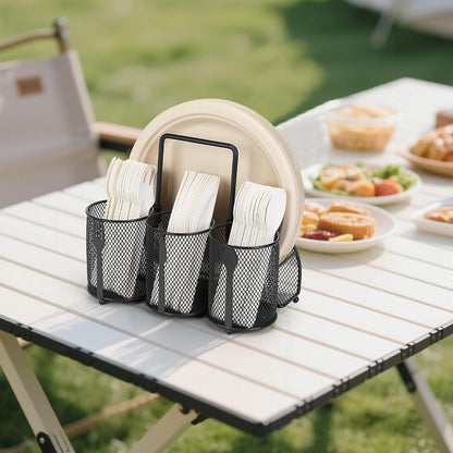 Paper Plate and Silverware Holder Caddy, 4 Compartments Metal Utensil Cutlery Caddy for Party, Spoon, Fork and Paper Plate Organizer with Handle for Countertop,Buffet, Picnic, Camping, Outdoor, BBQ