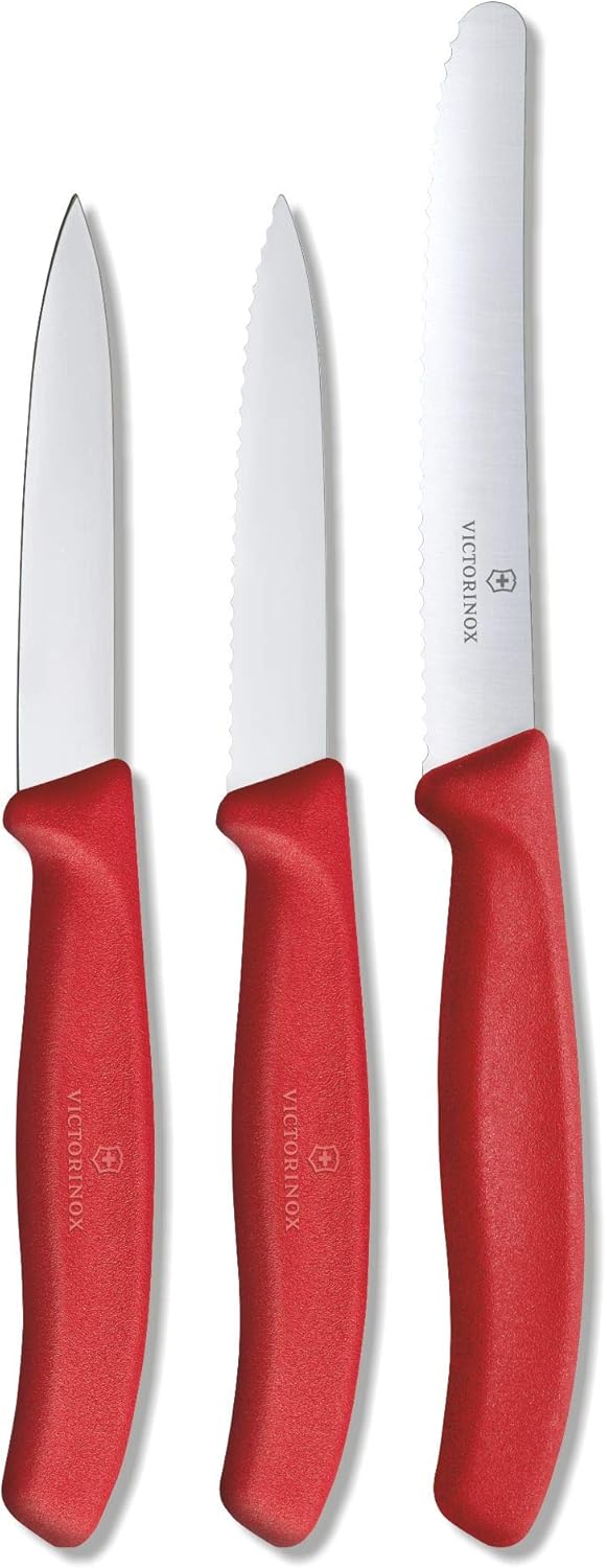 Swiss Classic Paring Knife Set, Set of 3, Straight Edge, Extra Sharp, Robust Plastic Handle, Red