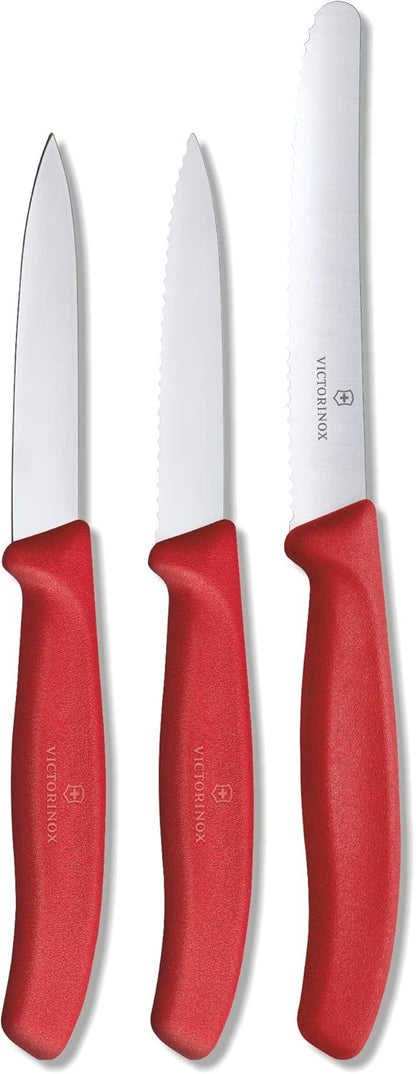 Swiss Classic Paring Knife Set, Set of 3, Straight Edge, Extra Sharp, Robust Plastic Handle, Red