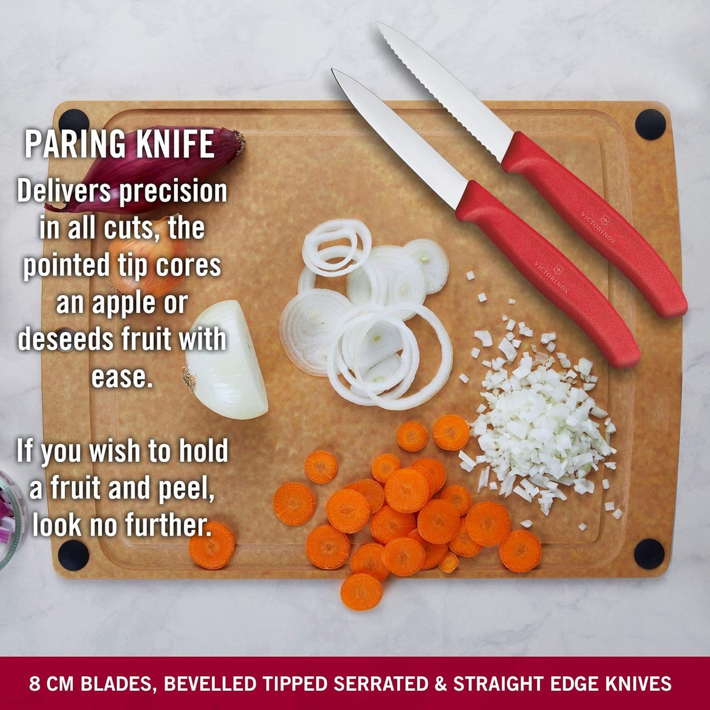 Swiss Classic Paring Knife Set, Set of 3, Straight Edge, Extra Sharp, Robust Plastic Handle, Red