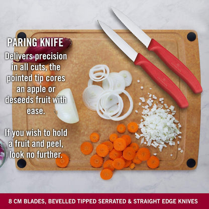 Swiss Classic Paring Knife Set, Set of 3, Straight Edge, Extra Sharp, Robust Plastic Handle, Red