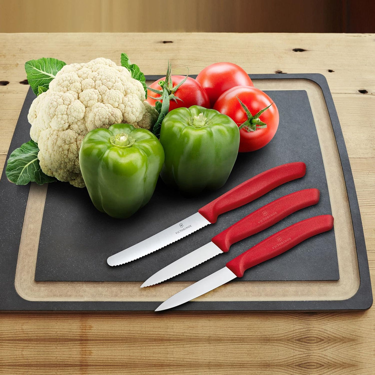 Swiss Classic Paring Knife Set, Set of 3, Straight Edge, Extra Sharp, Robust Plastic Handle, Red