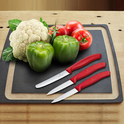 Swiss Classic Paring Knife Set, Set of 3, Straight Edge, Extra Sharp, Robust Plastic Handle, Red
