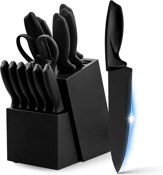 Knife Set, 16 Pieces Kitchen Knife Set with Block and Sharpener, Knife Block Set with Ergonomic Handles, High Carbon German Stainless Steel, Dishwasher Safe