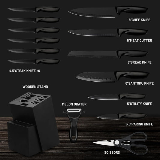 Knife Set, 16 Pieces Kitchen Knife Set with Block and Sharpener, Knife Block Set with Ergonomic Handles, High Carbon German Stainless Steel, Dishwasher Safe