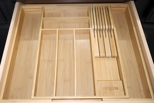 Bamboo Kitchen Drawer Organizer, Expandable Utensil Organizer with Removable Knife Block, Cutlery Tray Holder with Divider, Adjustable Silverware Organizer, Wood Tableware Dividers Storage
