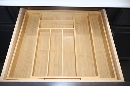 Bamboo Kitchen Drawer Organizer, Expandable Utensil Organizer with Removable Knife Block, Cutlery Tray Holder with Divider, Adjustable Silverware Organizer, Wood Tableware Dividers Storage