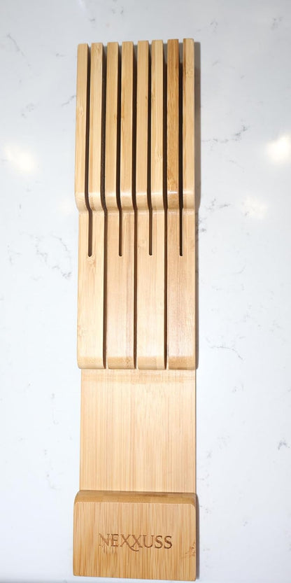 Bamboo Kitchen Drawer Organizer, Expandable Utensil Organizer with Removable Knife Block, Cutlery Tray Holder with Divider, Adjustable Silverware Organizer, Wood Tableware Dividers Storage