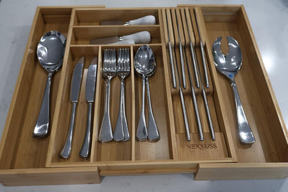 Bamboo Kitchen Drawer Organizer, Expandable Utensil Organizer with Removable Knife Block, Cutlery Tray Holder with Divider, Adjustable Silverware Organizer, Wood Tableware Dividers Storage