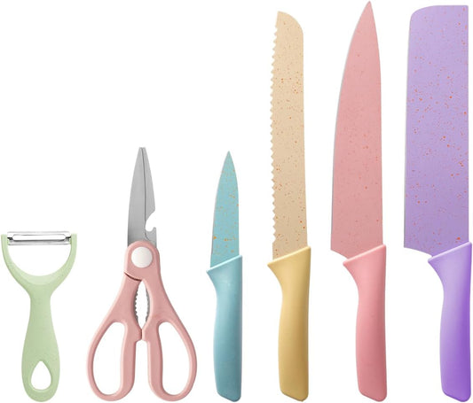 Colorful Kitchen Knife Set 6 PCS, Colored Knives Set with Non-Stick Coating, Chef Boxed Knives Set for Cooking, Camping, Travel, Picnic, BBQ and RV