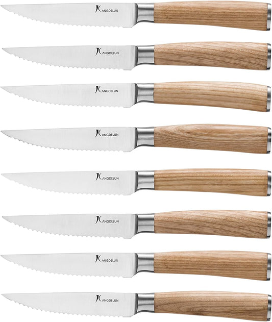 Ultra Sharp 8-Piece Steak Knife Set, 4.5" Serrated Blades, 50Cr15MoV High-Carbon Stainless Steel, Torrefied Natural Ash Wood Handles, Magnetic Gift Box