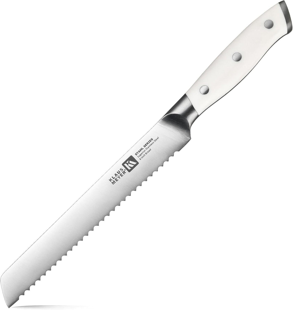 Stahl High Carbon Steel 8 Inch Serrated Bread Knife (White) | Premium German Steel, Full Tang, 15-17 Degree Bevel, Ultra-Sharp Serrated, Rust-Resistant, Ergonomic Handle