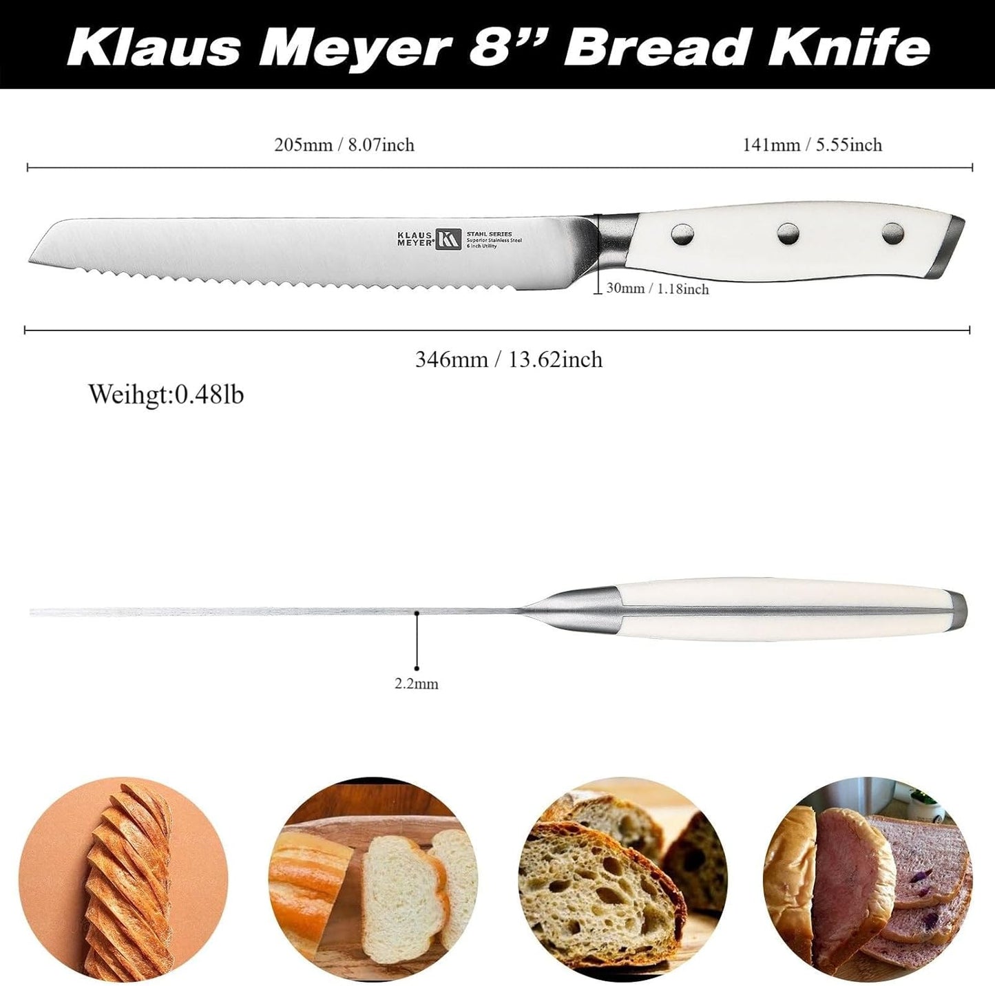 Stahl High Carbon Steel 8 Inch Serrated Bread Knife (White) | Premium German Steel, Full Tang, 15-17 Degree Bevel, Ultra-Sharp Serrated, Rust-Resistant, Ergonomic Handle
