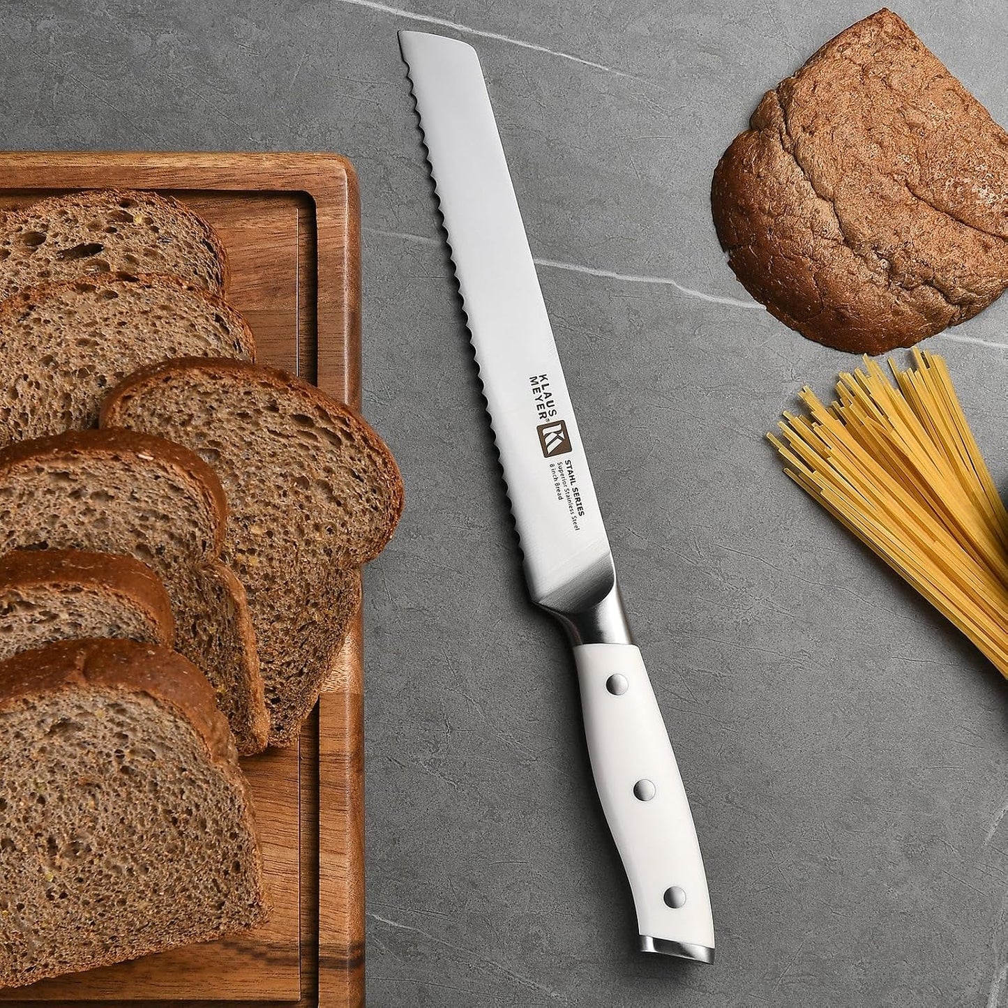 Stahl High Carbon Steel 8 Inch Serrated Bread Knife (White) | Premium German Steel, Full Tang, 15-17 Degree Bevel, Ultra-Sharp Serrated, Rust-Resistant, Ergonomic Handle