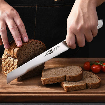 Stahl High Carbon Steel 8 Inch Serrated Bread Knife (White) | Premium German Steel, Full Tang, 15-17 Degree Bevel, Ultra-Sharp Serrated, Rust-Resistant, Ergonomic Handle