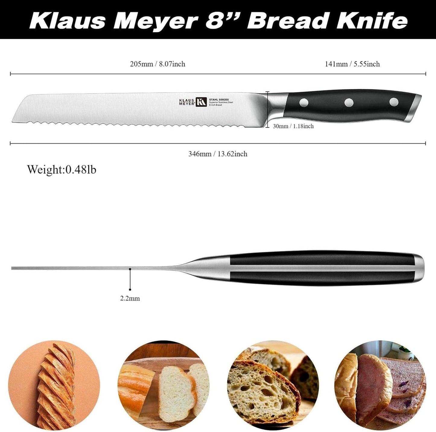 Stahl High Carbon Steel 8 Inch Serrated Bread Knife (White) | Premium German Steel, Full Tang, 15-17 Degree Bevel, Ultra-Sharp Serrated, Rust-Resistant, Ergonomic Handle