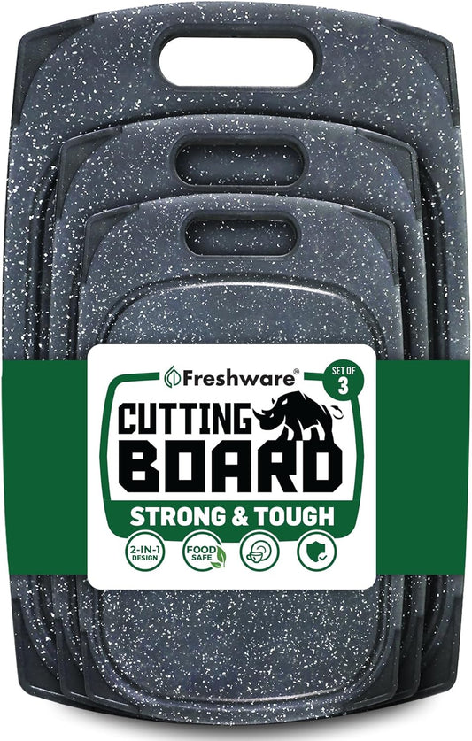 Plastic Cutting Boards for Kitchen, Cutting Board Set of 3, Juice Grooves with Easy Grip Handle, BPA-Free, Dishwasher Safe, Black Marble