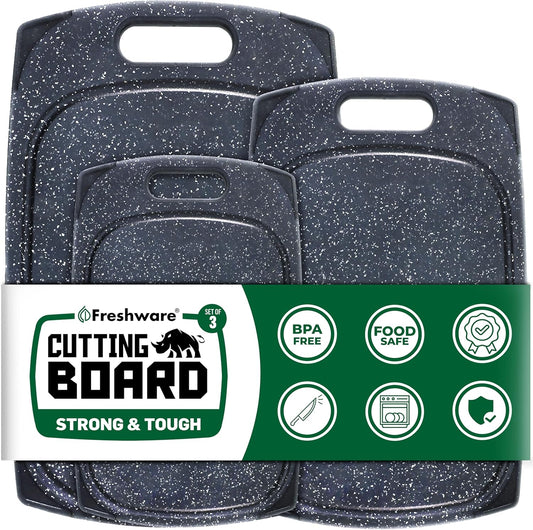 Plastic Cutting Boards for Kitchen, Cutting Board Set of 3, Juice Grooves with Easy Grip Handle, BPA-Free, Dishwasher Safe, Black Marble