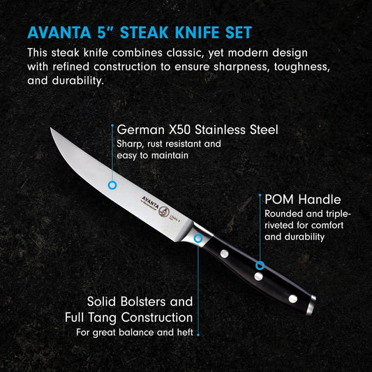 Avanta Forged 5” Fine Edge Steak Knife Set - German X50 Stainless Steel - Rust Resistant & Easy to Maintain - Includes 4 Steak Knives