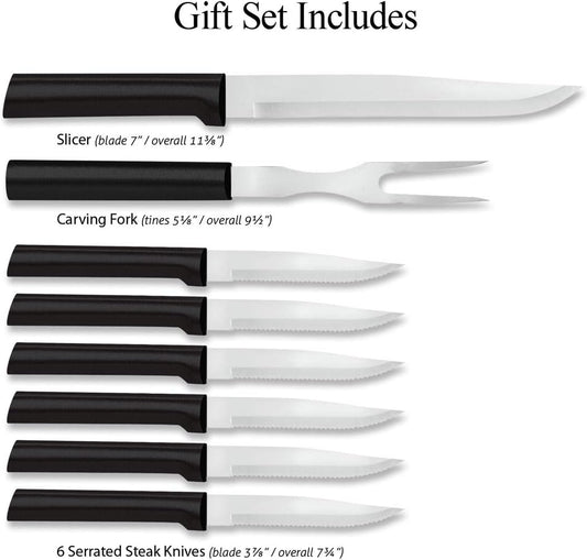 Meat Lover’s Gift Set (G27S), Black Handle | 8-Piece Knife Set , Stainless Steel Blade, Black Resin Handle