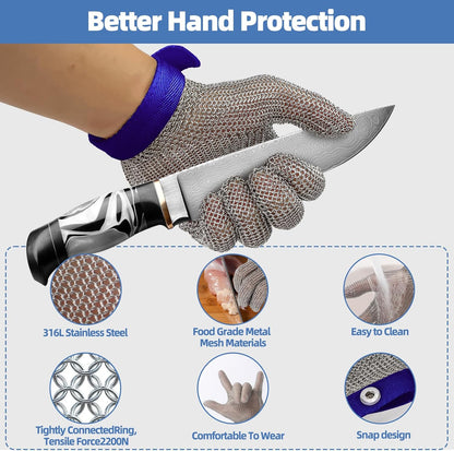 Cut Resistant Chainmail Glove, Food Grade Stainless Steel 316 Hand Protective Glove, PPE Metal Mesh Cutting Glove