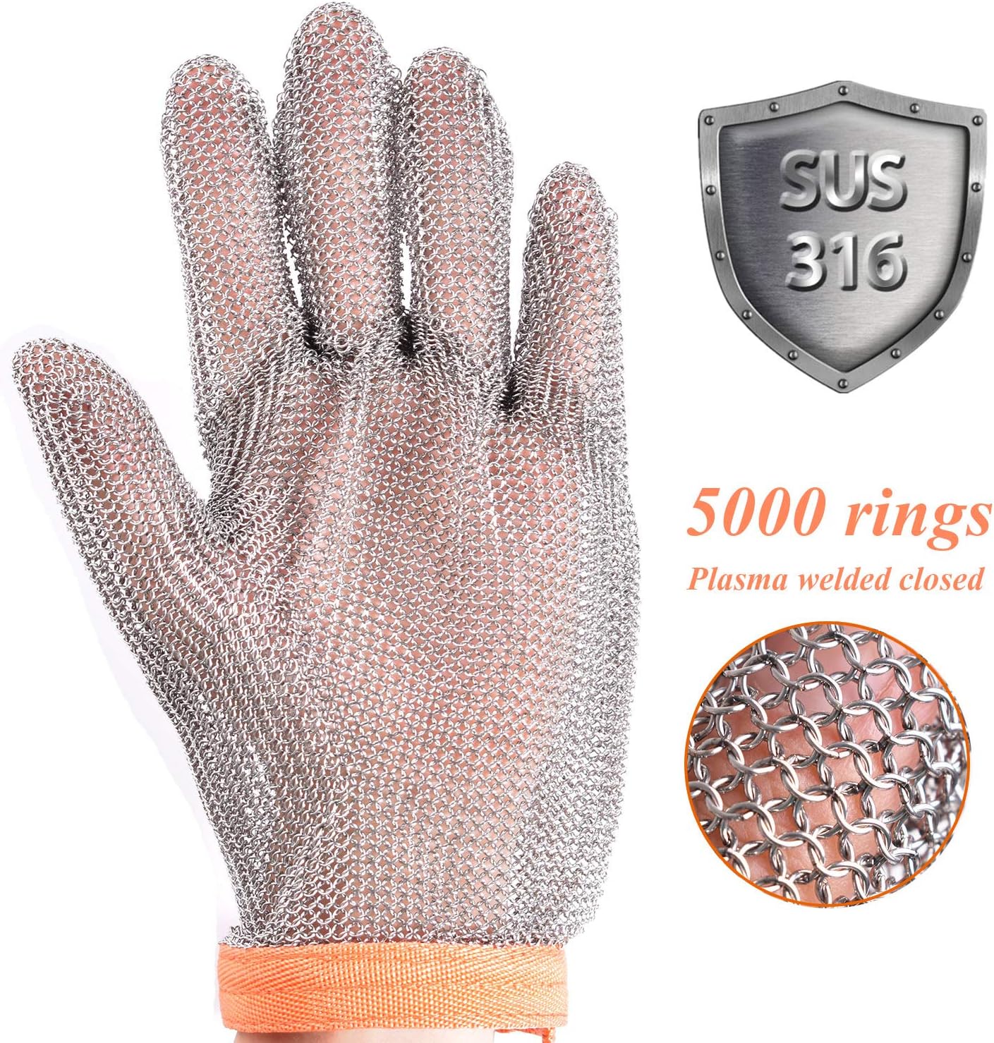 Cut Resistant Chainmail Glove, Food Grade Stainless Steel 316 Hand Protective Glove, PPE Metal Mesh Cutting Glove