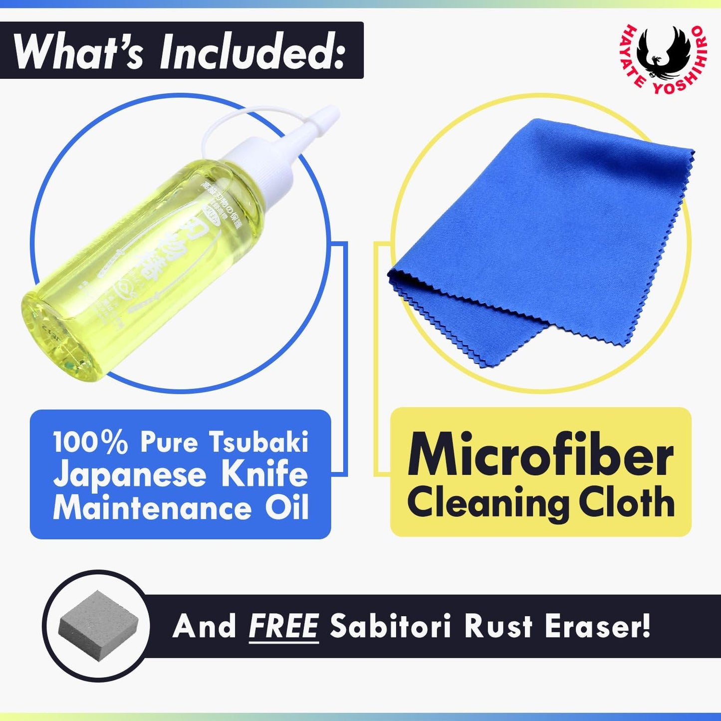 Yoshihiro 100% Pure Tsubaki Japanese Knife Maintenance Oil 3.4oz(100ml) with Complimentary Sabitori Rust Eraser and Microfiber Cloth