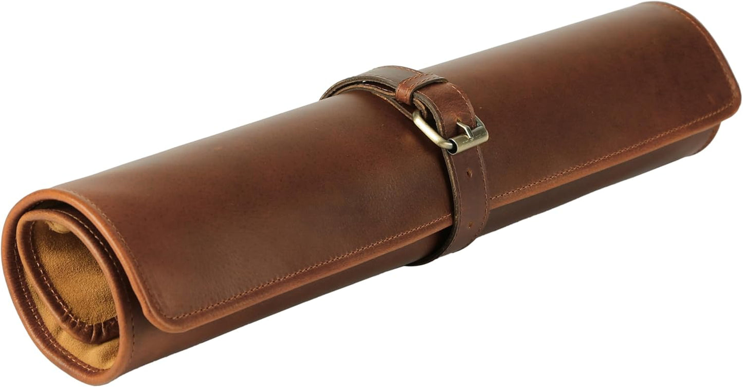Premium Buffalo Leather Chef Knife Roll – 17.5″ × 17.5″ Knife Storage Bag with 4 Slots, Suede Lining, Brass Buckle & Zipper Pouch – Portable Travel Case for Chefs & Culinary Students