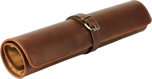 Premium Buffalo Leather Chef Knife Roll – 17.5″ × 17.5″ Knife Storage Bag with 4 Slots, Suede Lining, Brass Buckle & Zipper Pouch – Portable Travel Case for Chefs & Culinary Students