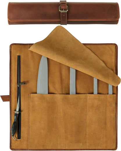 Premium Buffalo Leather Chef Knife Roll – 17.5″ × 17.5″ Knife Storage Bag with 4 Slots, Suede Lining, Brass Buckle & Zipper Pouch – Portable Travel Case for Chefs & Culinary Students