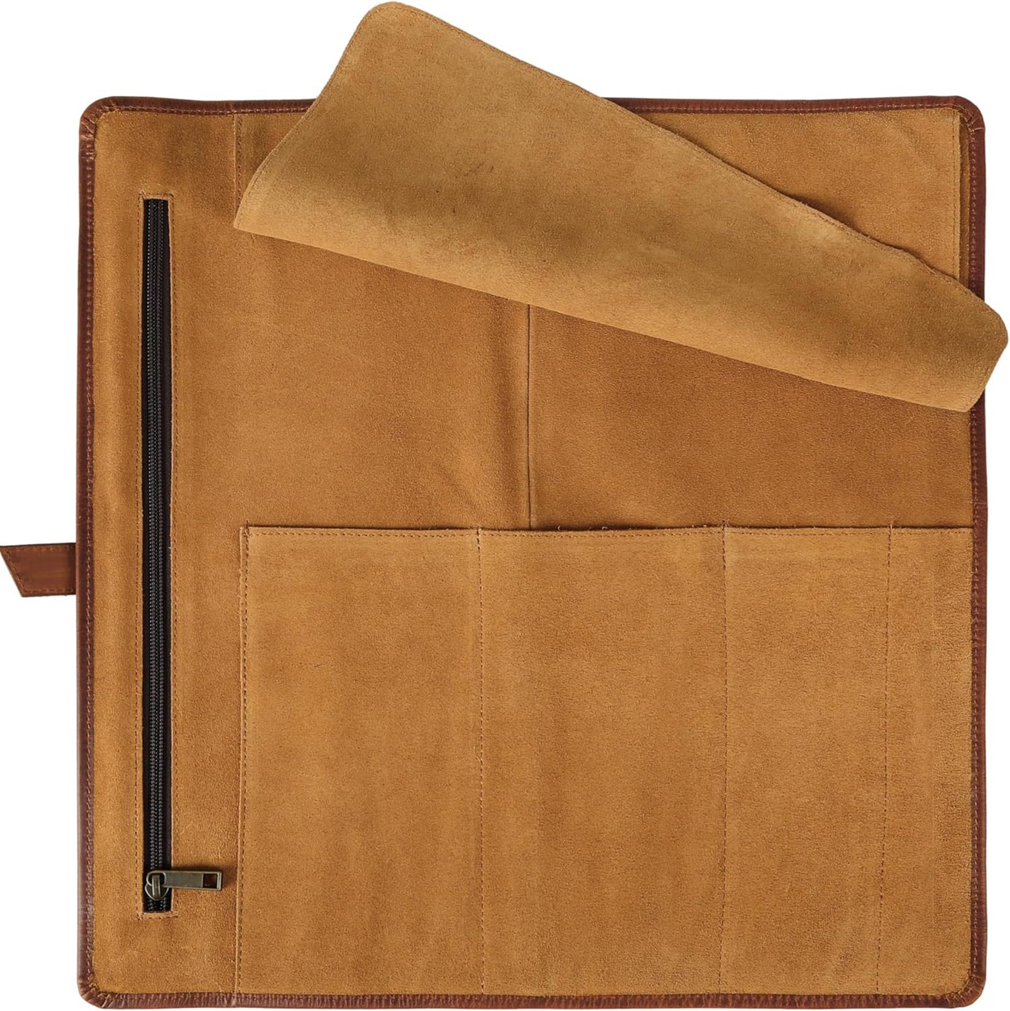 Premium Buffalo Leather Chef Knife Roll – 17.5″ × 17.5″ Knife Storage Bag with 4 Slots, Suede Lining, Brass Buckle & Zipper Pouch – Portable Travel Case for Chefs & Culinary Students