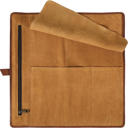 Premium Buffalo Leather Chef Knife Roll – 17.5″ × 17.5″ Knife Storage Bag with 4 Slots, Suede Lining, Brass Buckle & Zipper Pouch – Portable Travel Case for Chefs & Culinary Students