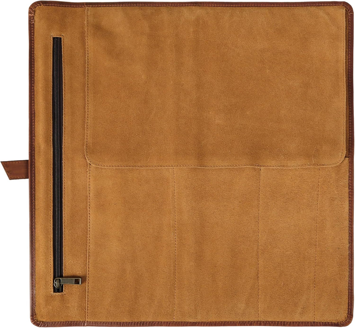 Premium Buffalo Leather Chef Knife Roll – 17.5″ × 17.5″ Knife Storage Bag with 4 Slots, Suede Lining, Brass Buckle & Zipper Pouch – Portable Travel Case for Chefs & Culinary Students